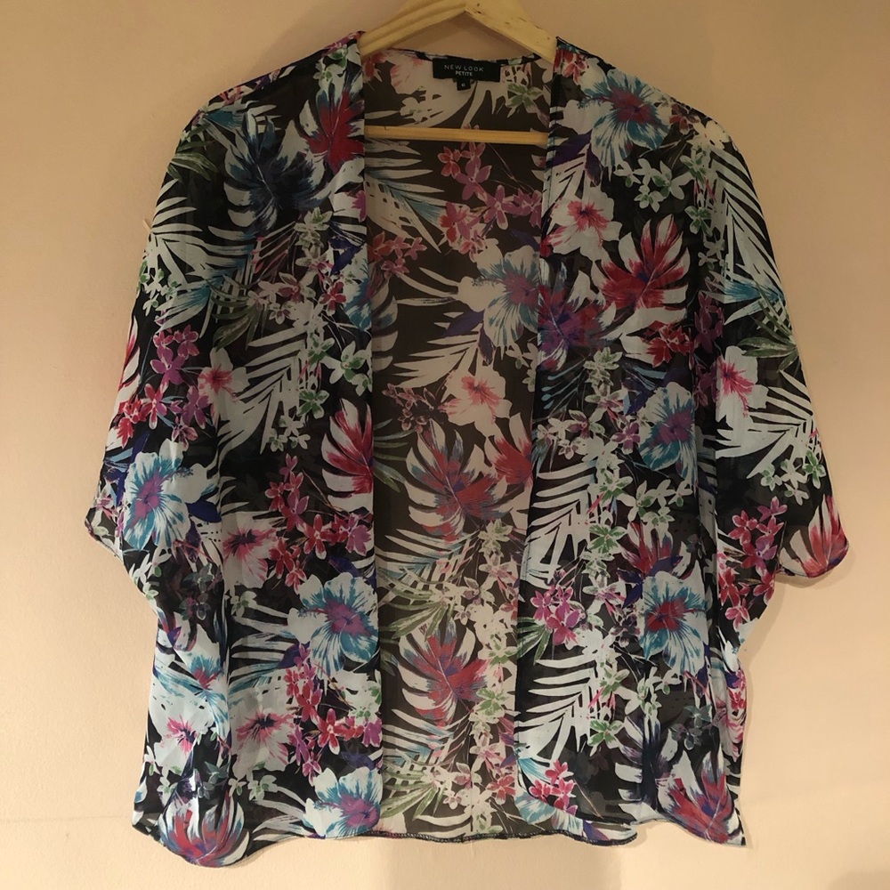 Sheer Palm Leaf Floral Hawaiian Open Front Drop Sleeve Cape Bolero Kimono Top SM